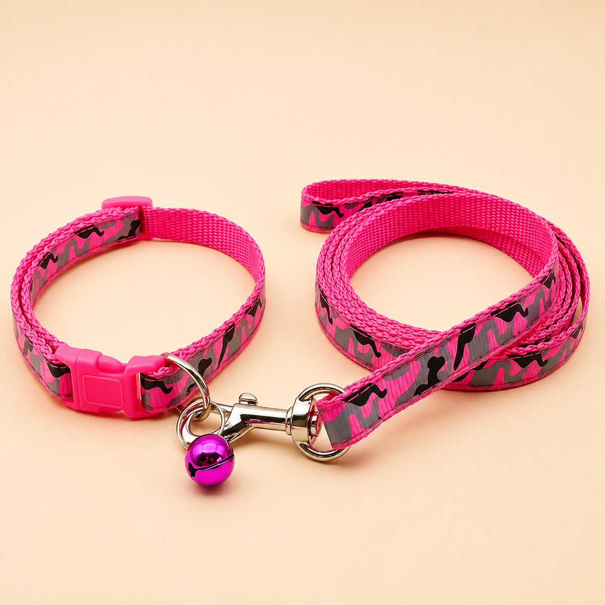 Set Collar + Correa Camuflaje con Cascabel para Mascotas Pequeñas