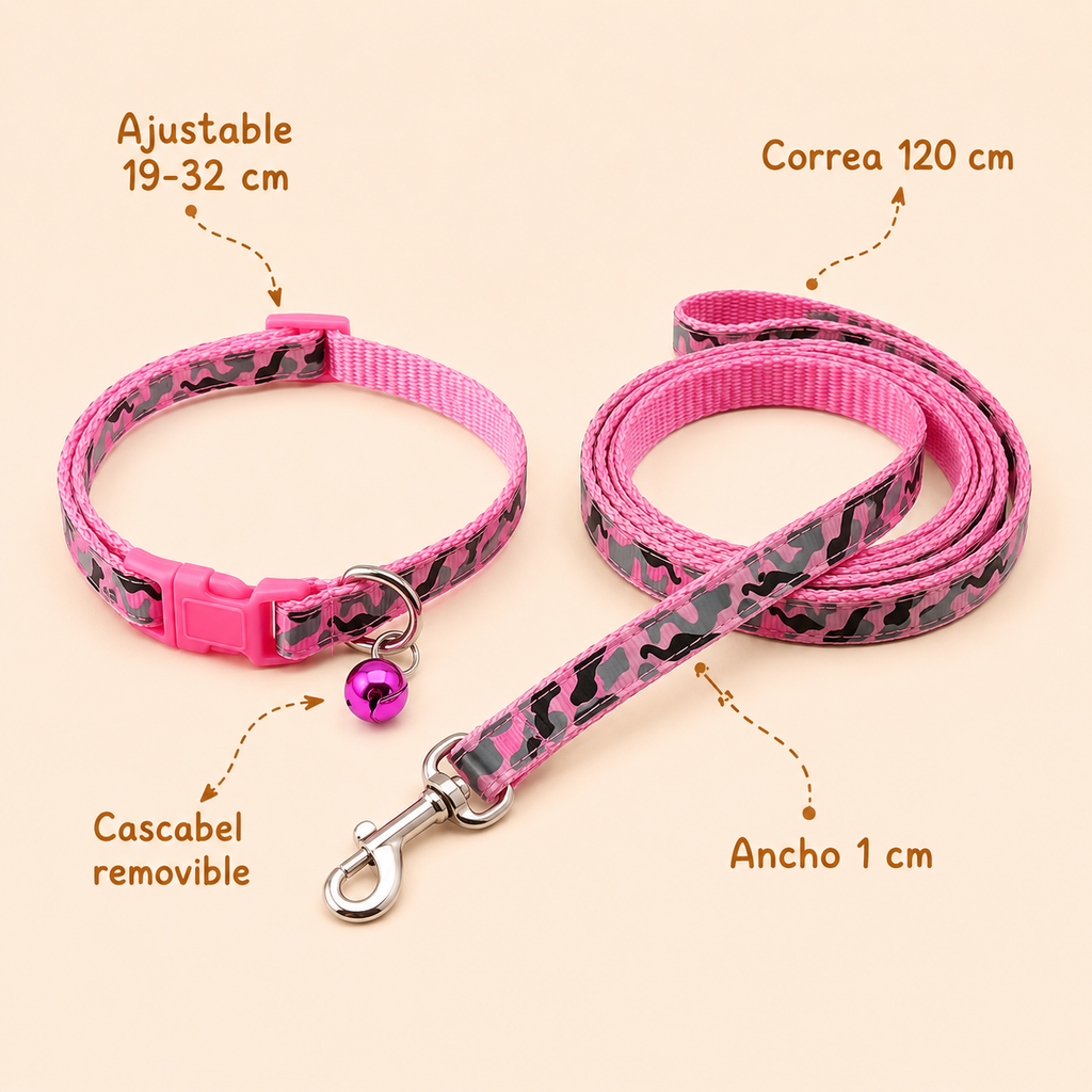 Set Collar + Correa Camuflaje con Cascabel para Mascotas Pequeñas